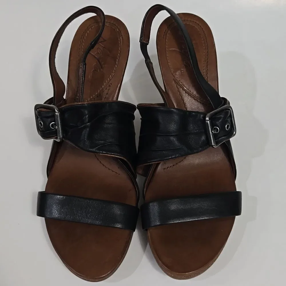 Naya Alamosa Black Leather Sling Back Sandals Block Heel Sz 9.5 Buckle Strappy‎